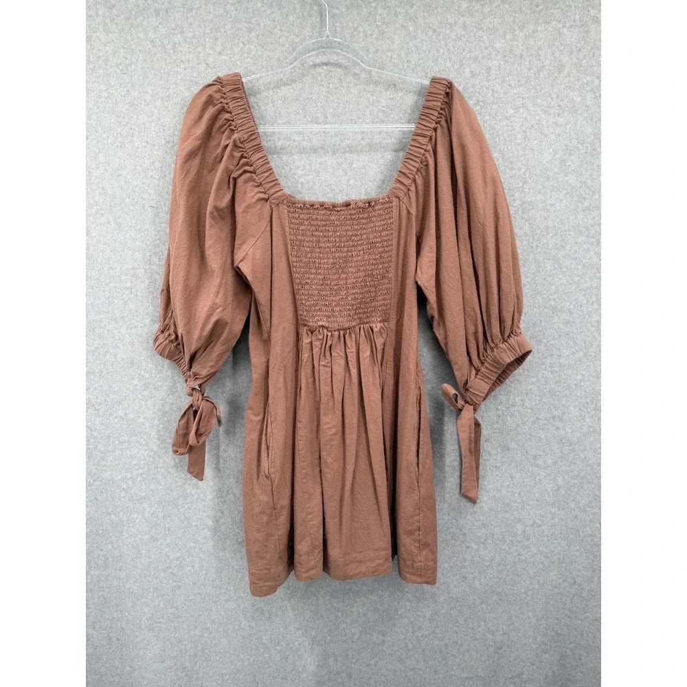 Free People Cerise Mini Dress Women M Brown Boho Puff Sleeve Square Neck Cotton